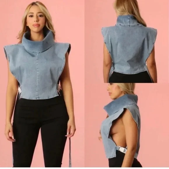 Micas Denim Wide Shoulder Sleeveless Hi Neck Top Size Small NWT! - Picture 2 of 9